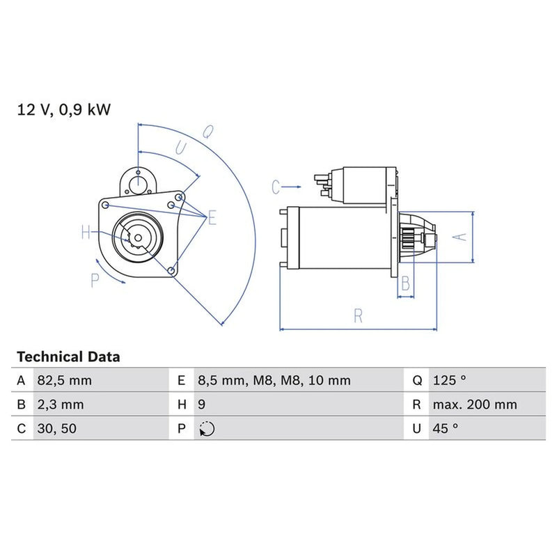 Bosch Starter Motor 12V 0.9kW 9 Teeth