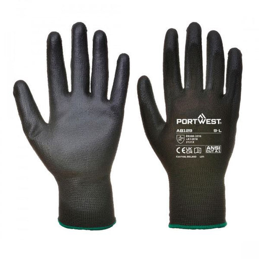 Portwest (Pk12) Black Pu Palm Glove L AB129BKRL Portwest - Dynamic Drive