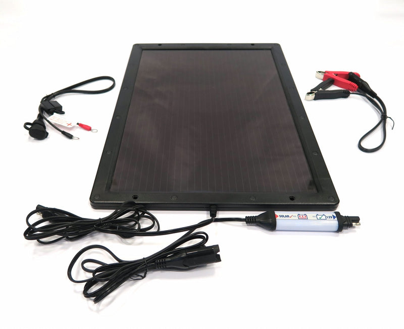 Milenco Solar by OptiMate 6W solar panel with charger unit and connector leads laid out