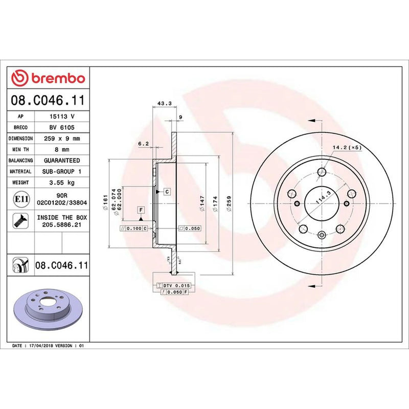 Brembo 2 x Solid Rear Brake Discs 08.C046.11-x2