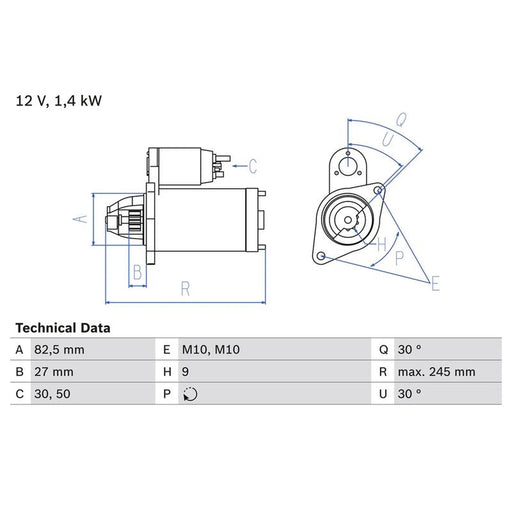 Bosch Starter Motor 12V 1.4kW 9 Teeth