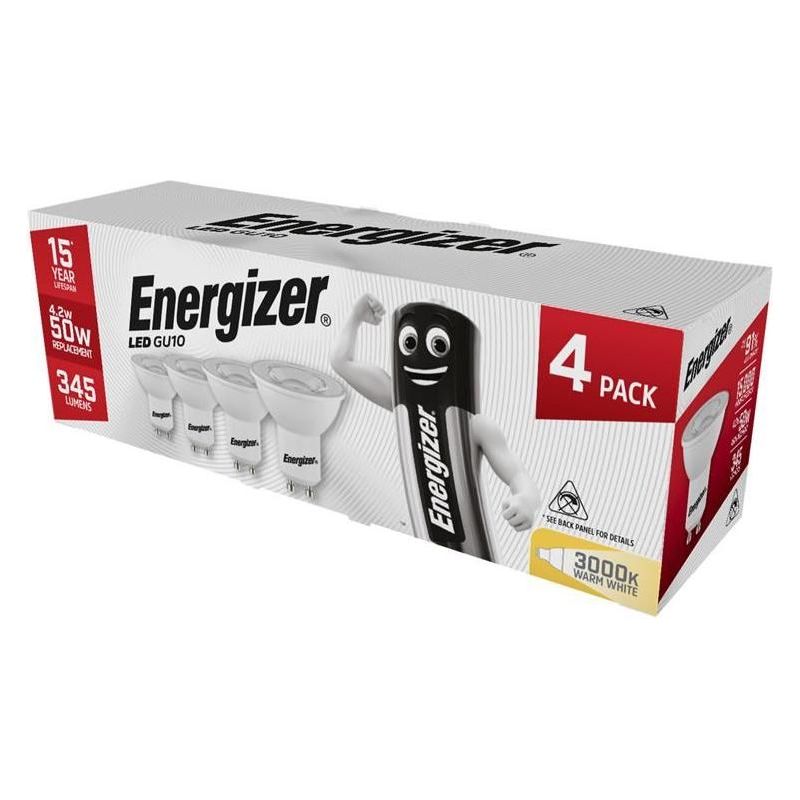 Energizer® LED GU10 50° Non-Dimmable Bulb, Warm White 345 lm 4.2W (Pack 4) Energizer® - NN4 Online