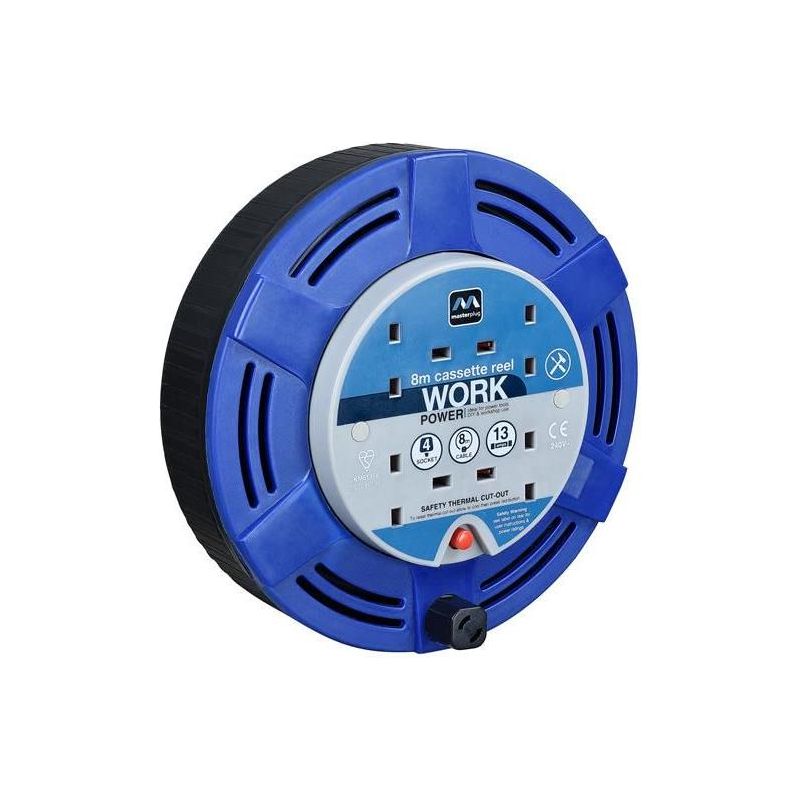 Masterplug Cassette Cable Reel 240V 13A 4-Socket Thermal Cut-Out Blue 8m Masterplug - Town Tools