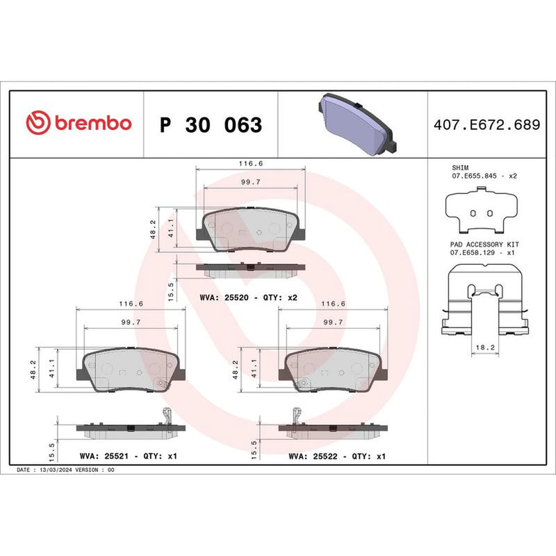 Brembo 4 x Rear Brake Pad Set fits Hyundai Equus / Centennial 2009-2016 3.8 4.6