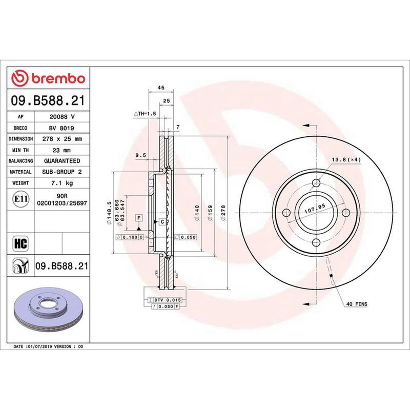 Brembo 2 x Internally Vented Brake Discs fits Ford Fiesta V 2005-2008