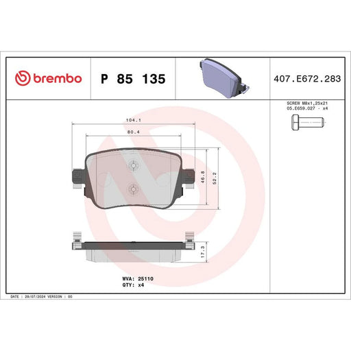 Brembo 4 x Rear Brake Pad Set fits Audi A1 2011-2018 1.0 1.4 1.8 2.0