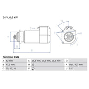 Bosch Starter Motor 24V 6.6kW 12 Teeth 0 986 018 090