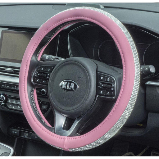 Pink Steering Wheel Cover 38cm PU Leather Crystal Bling Sparkle Rhinestone Decor Streetwize  - Dynamic Drive