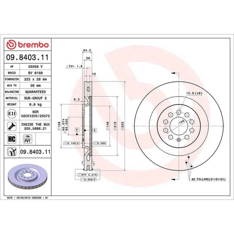 Brembo 2 x Internally Vented Brake Discs fits Seat Leon 2002-2006 1.8