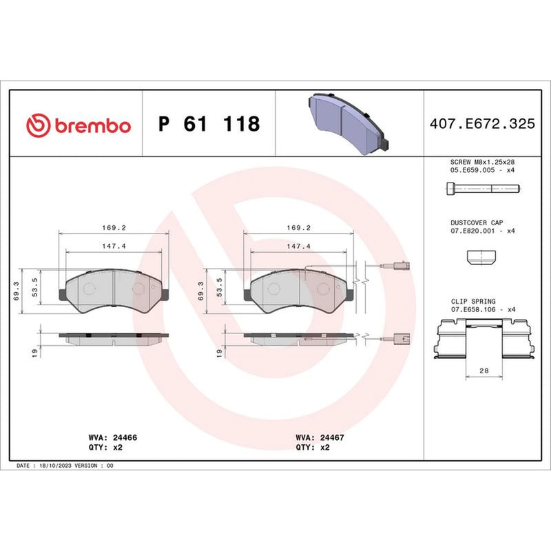 Brembo 4 x Front Brake Pad Set fits Citroën Relay III 2006-2023 2.0 2.2 3.0