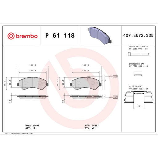 Brembo 4 x Front Brake Pad Set fits Citroën Relay III 2006-2023 2.0 2.2 3.0