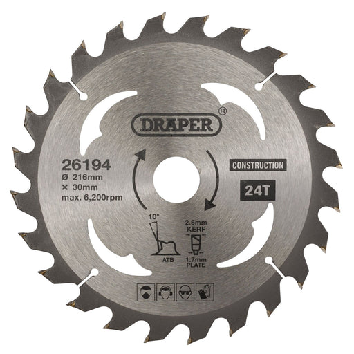 Draper TCT Construction Circular Saw Blade, 216 x 30mm, 24T 26194 Draper - Dynamic Drive