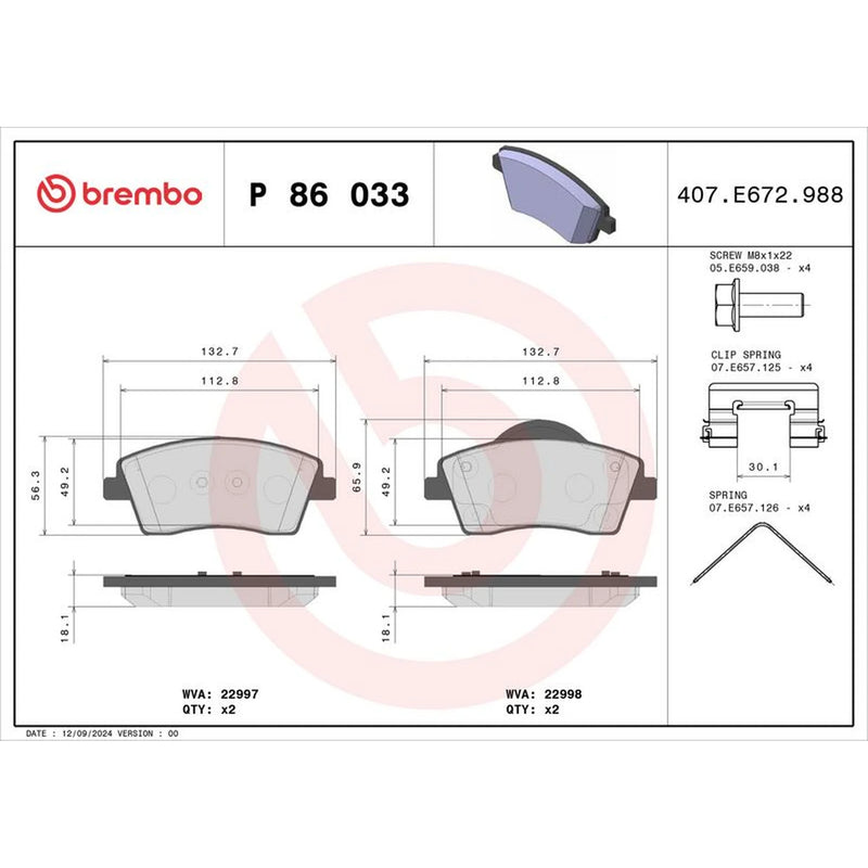 Brembo 4 x Front Brake Pad Set fits Lynk & Co 01 2018-2019