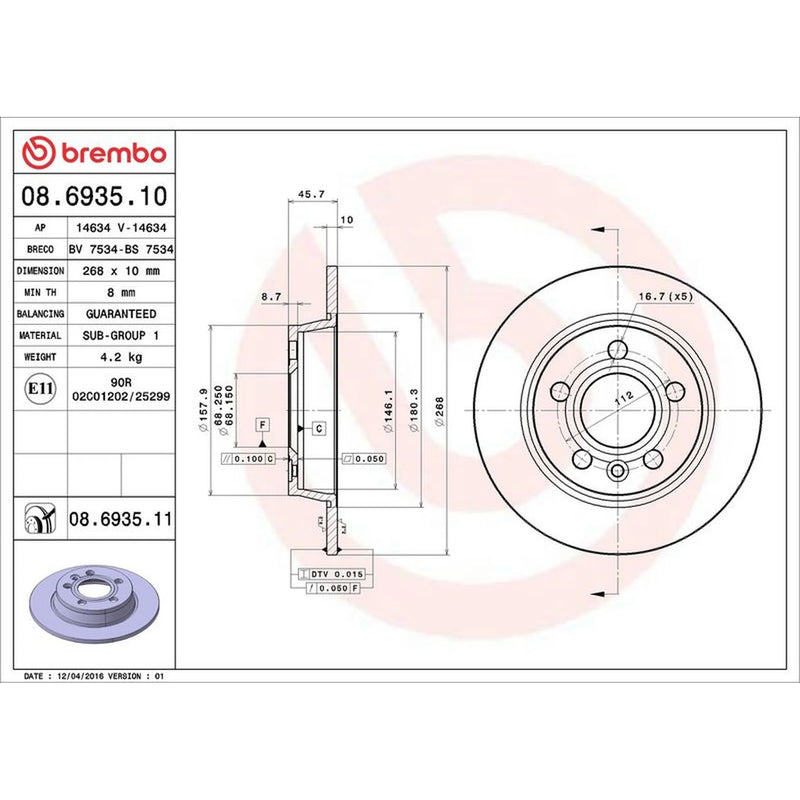 Brembo 2 x Solid Rear Brake Discs 08.6935.11-x2