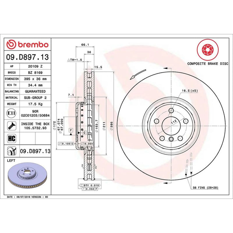 Brembo 2 x Front Aluminium Brake Disc Hub Brake Discs 09.D897.13