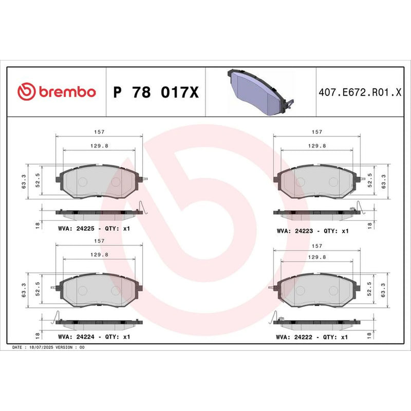Brembo 4 x Front Brake Pad Set fits Subaru Forester 2005-2013 2.0 2.5