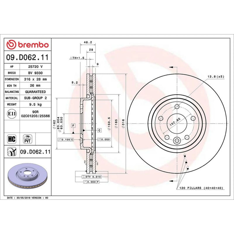 Brembo 2 x Internally Vented Front Brake Discs 09.D062.11-x2