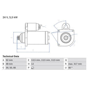 Bosch Starter Motor 24V 5.5kW 12 Teeth fits Man Tga 2001-2009