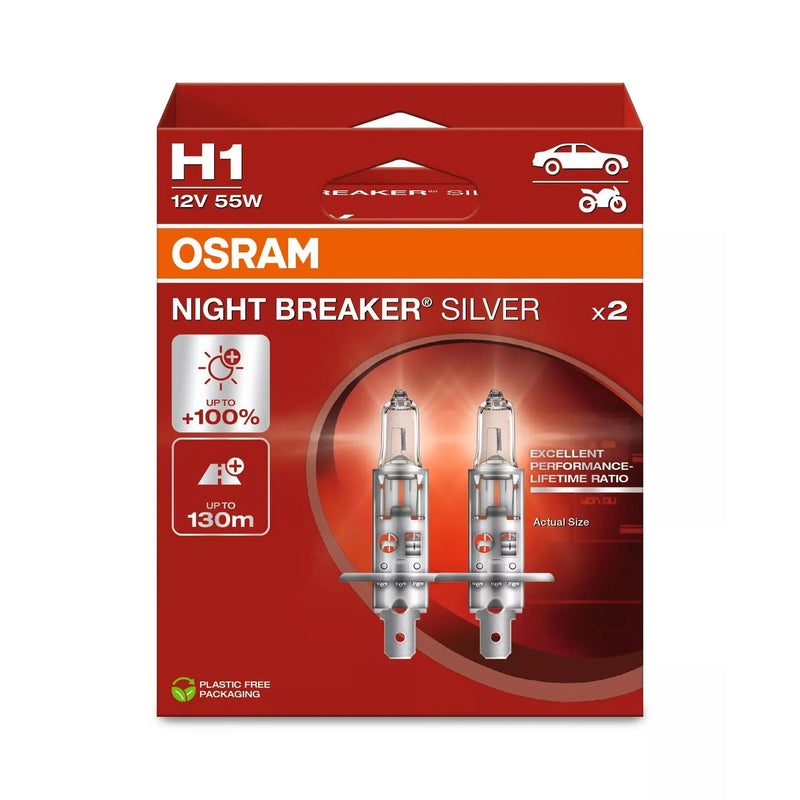 Osram Night Breaker Silver H1 Headlight Bulbs +100% Brightness
