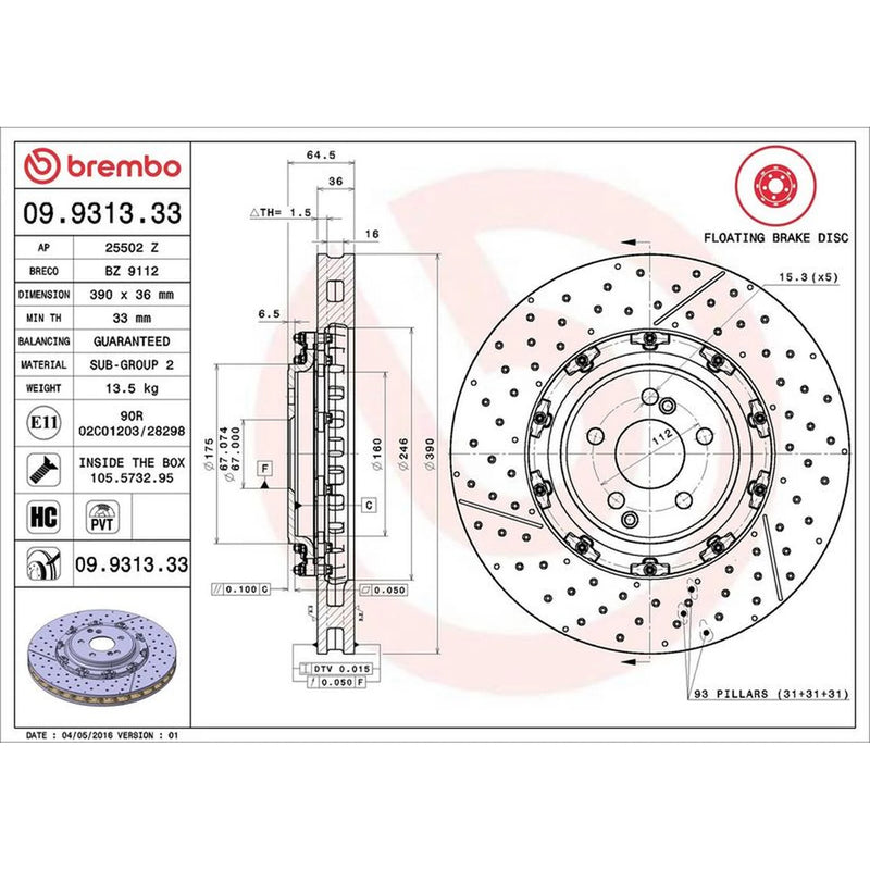Brembo Front Brake Aluminium Brake Disc Hub Discs & Pads fits Mercedes-Benz Sl