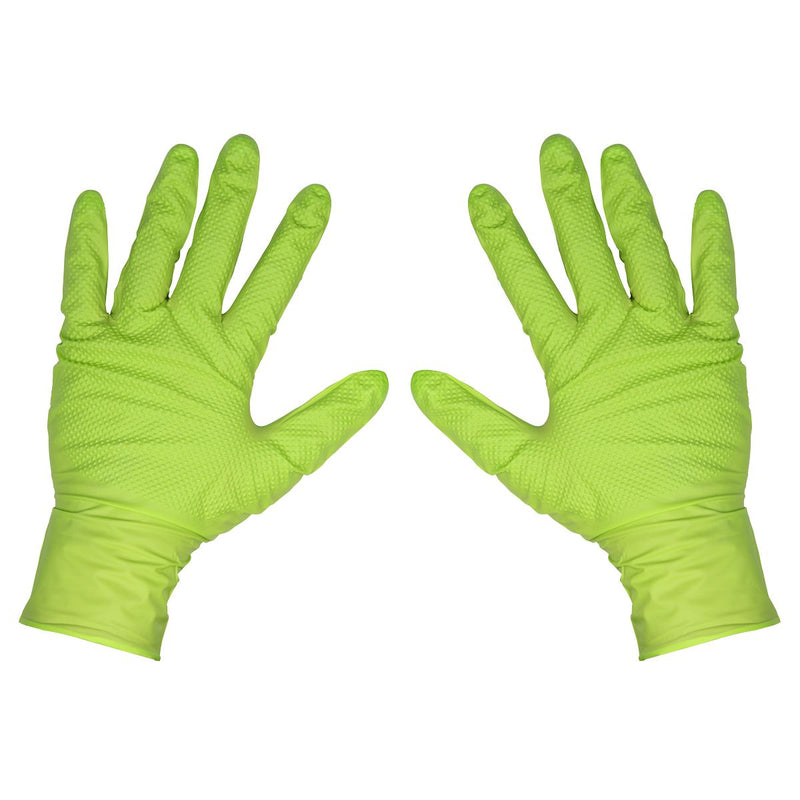 Diamond Grip Extra-Thick Nitrile Powder-Free Gloves Hi-Vis Green Large Pack 50 Sealey - Dynamic Drive