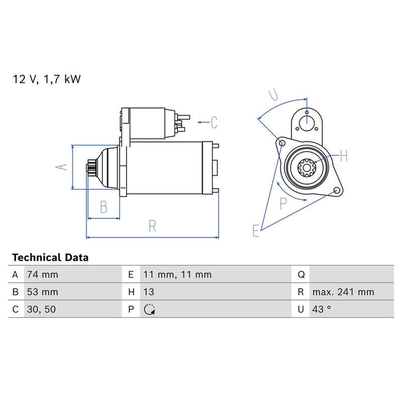 Bosch Starter Motor 12V 1.7kW Teeth