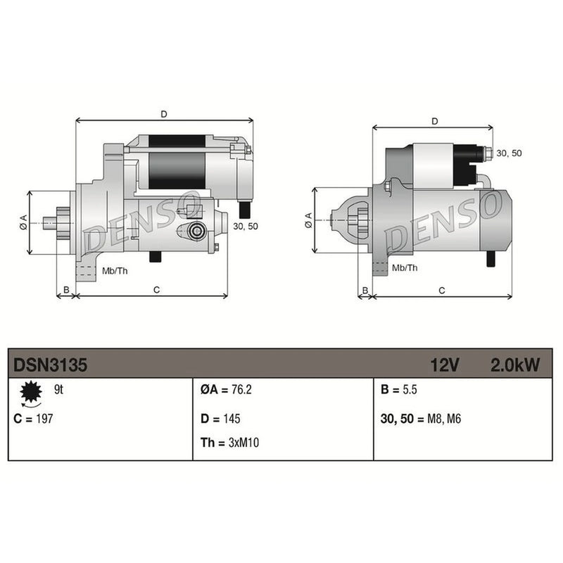 Denso Starter Motor 12V 2kW 9 Teeth fits Ford C-Max 2007-2010 1.8