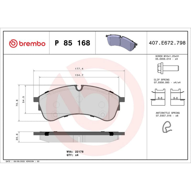 Brembo 4 x Front Brake Pad Set fits Man Tge 2017-2024 2.0