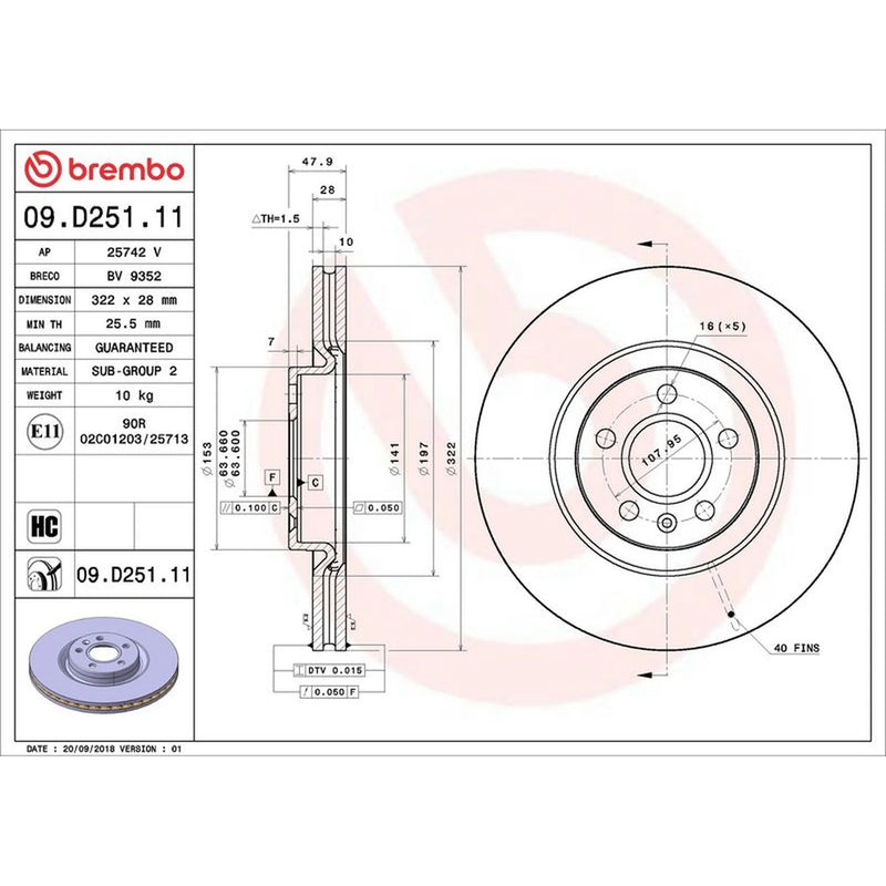 Brembo 2 x Internally Vented Front Brake Discs 09.D251.11-x2