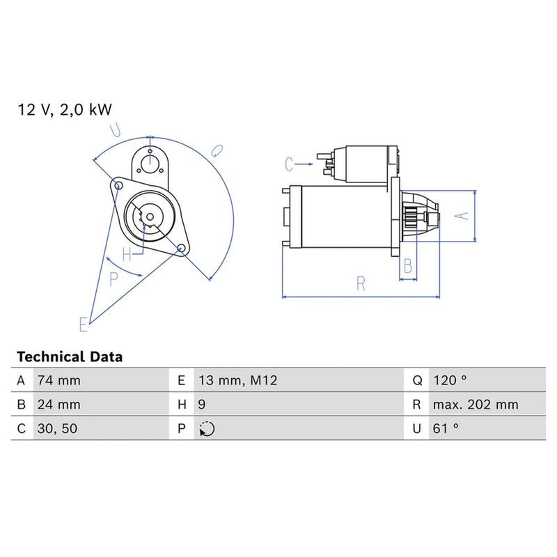Bosch Starter Motor 12V 2kW 9 Teeth fits Toyota Rav 4 IV 2012-2019 2.0 2.2