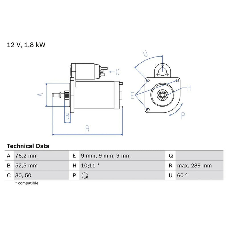 Bosch Starter Motor 12V 1.8kW 10 Teeth