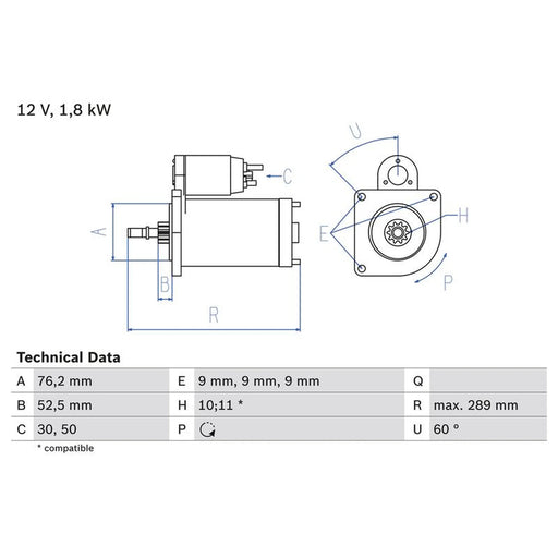 Bosch Starter Motor 12V 1.8kW 10 Teeth