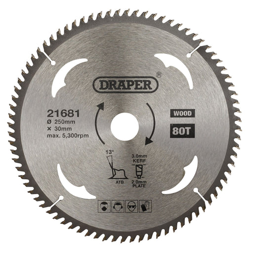 Draper TCT Circular Saw Blade for Wood, 250 x 30mm, 80T 21681 Draper - Dynamic Drive