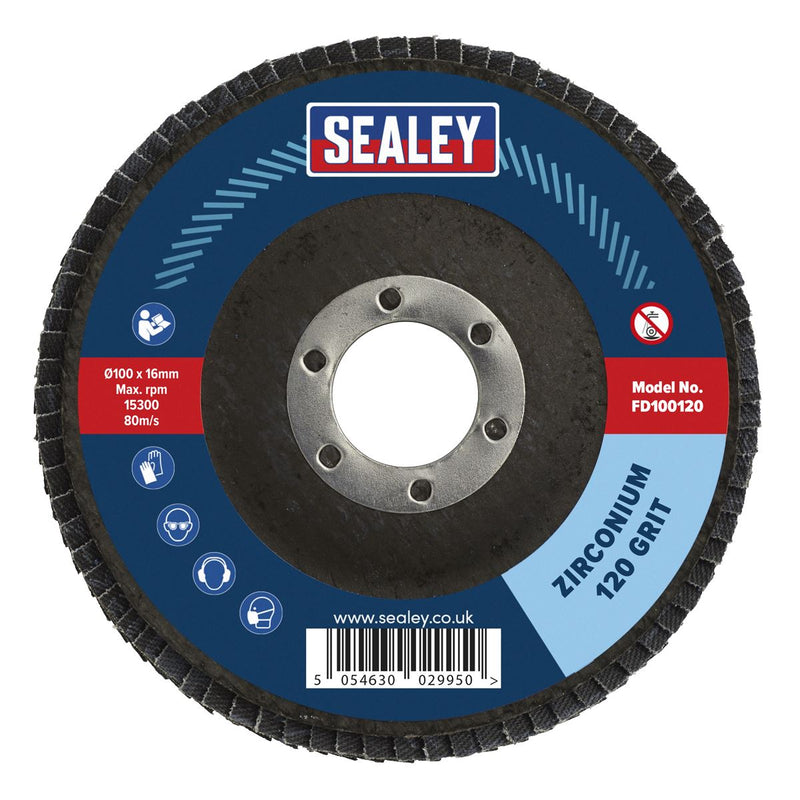 Sealey Flap Disc Zirconium100mm16mm Bore 120Grit FD100120 Sealey - Dynamic Drive