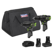 2 x SV10.8 Series Cordless Combi Drill & Impact Driver Kit 10.8V - 2 Batteries Sealey - Dynamic Drive