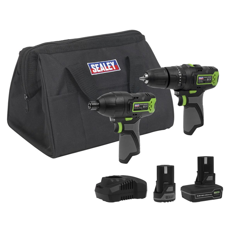 2 x SV10.8 Series Cordless Combi Drill & Impact Driver Kit 10.8V - 2 Batteries Sealey - Dynamic Drive