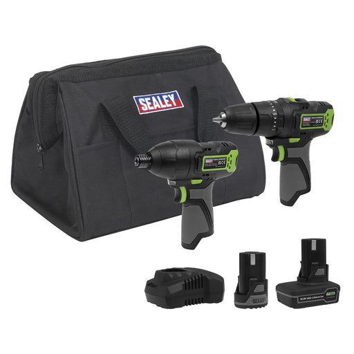 2 x SV10.8 Series Cordless Combi Drill & Impact Driver Kit 10.8V - 2 Batteries Sealey - Dynamic Drive