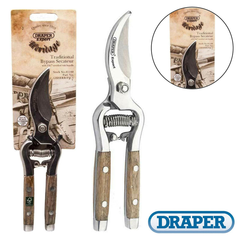 Draper Expert Stainless Steel Bypass Secateurs With Wooden Ash Handles 210mm Draper  - Dynamic Drive