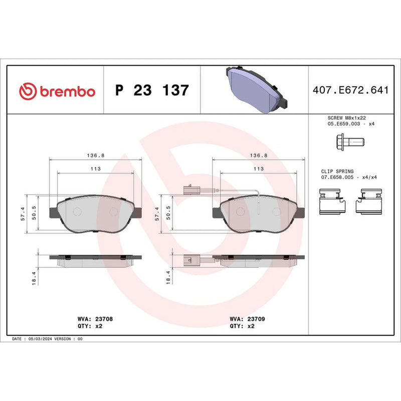 Brembo 4 x Front Brake Pad Set fits Abarth 500 / 595 / 695 2008 on 1.4