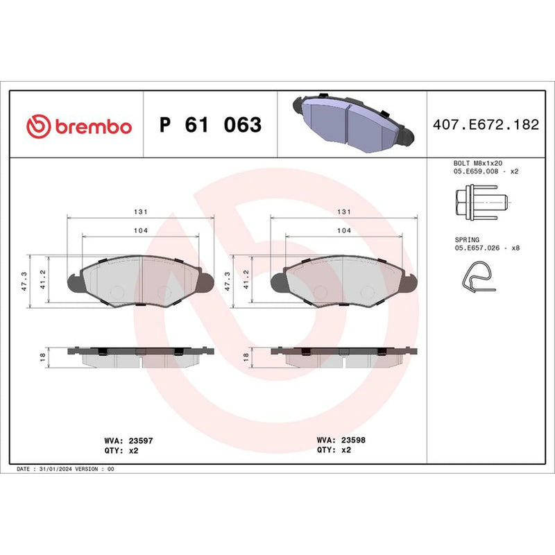 Brembo 4 x Front Brake Pad Set fits Citroën Xsara 1997-2005 1.4 1.5