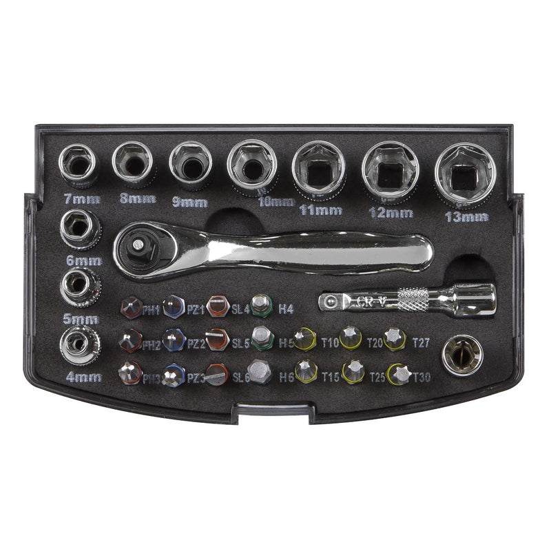 Siegen 30pc 1/4" Square Drive Ratchet Socket & Bit Set Pozi Slotted Hex Trx Siegen  - Dynamic Drive