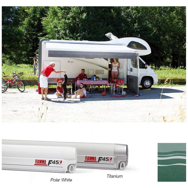 Fiamma Polar White F45L 500 Awning Evergreen Fabric (06530A01E) Winch Handle Wall Mounted Fiamma - Dynamic Drive