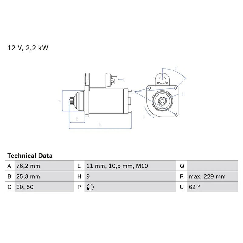 Bosch Starter Motor 12V 2.2kW 9 Teeth fits VW Touareg 2004-2018 3.0