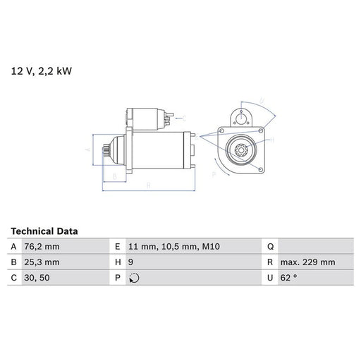 Bosch Starter Motor 12V 2.2kW 9 Teeth fits VW Touareg 2004-2018 3.0