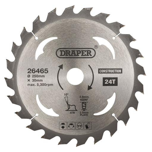 Draper TCT Construction Circular Saw Blade, 250 x 30mm, 24T 26465 Draper - Dynamic Drive