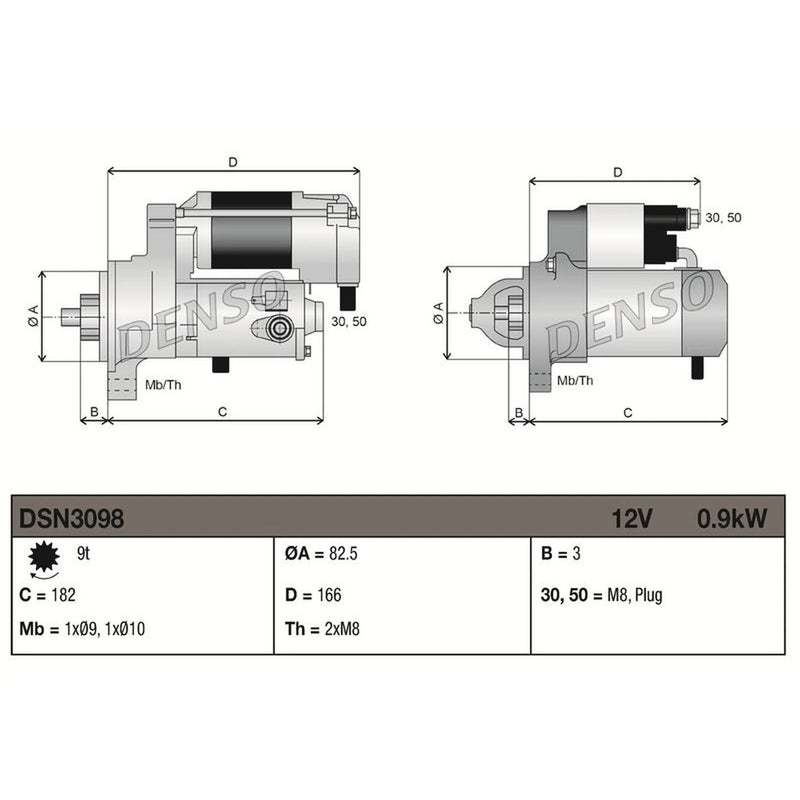 Denso Starter Motor 12V 0.9kW 9 Teeth fits Seat Arosa 1997-2004 1.0 1.4