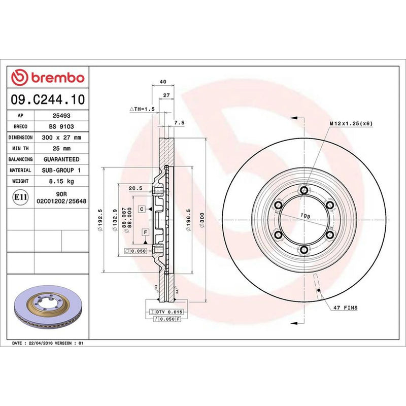 Brembo 2 x Internally Vented Front Brake Discs 09.C244.10-x2