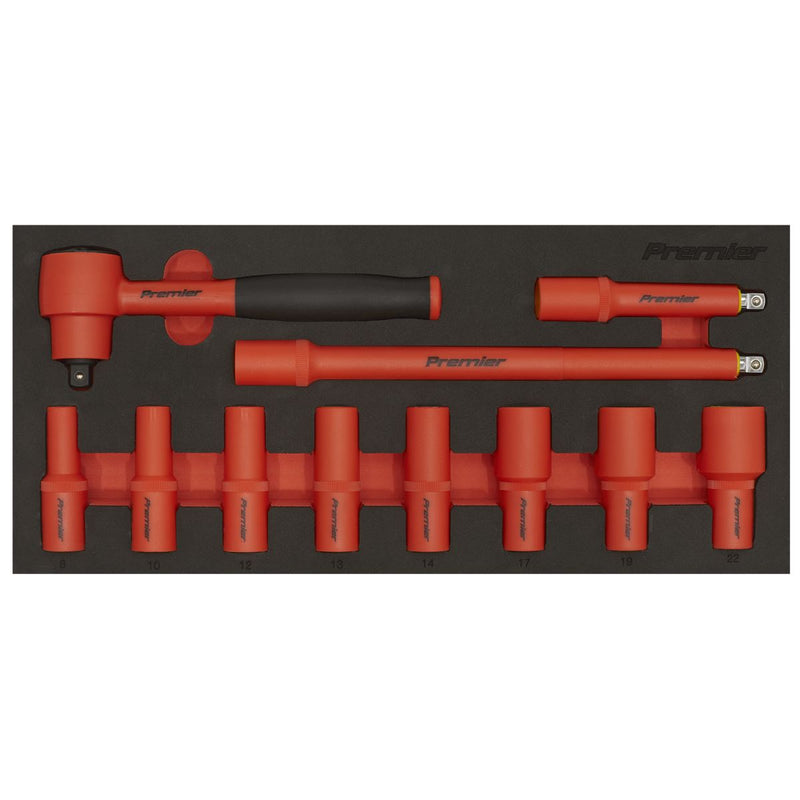 Premier Insulated Socket Set with Tool Tray 3/8"Sq Drive 11pc - VDE Approved Sealey Premier - Dynamic Drive