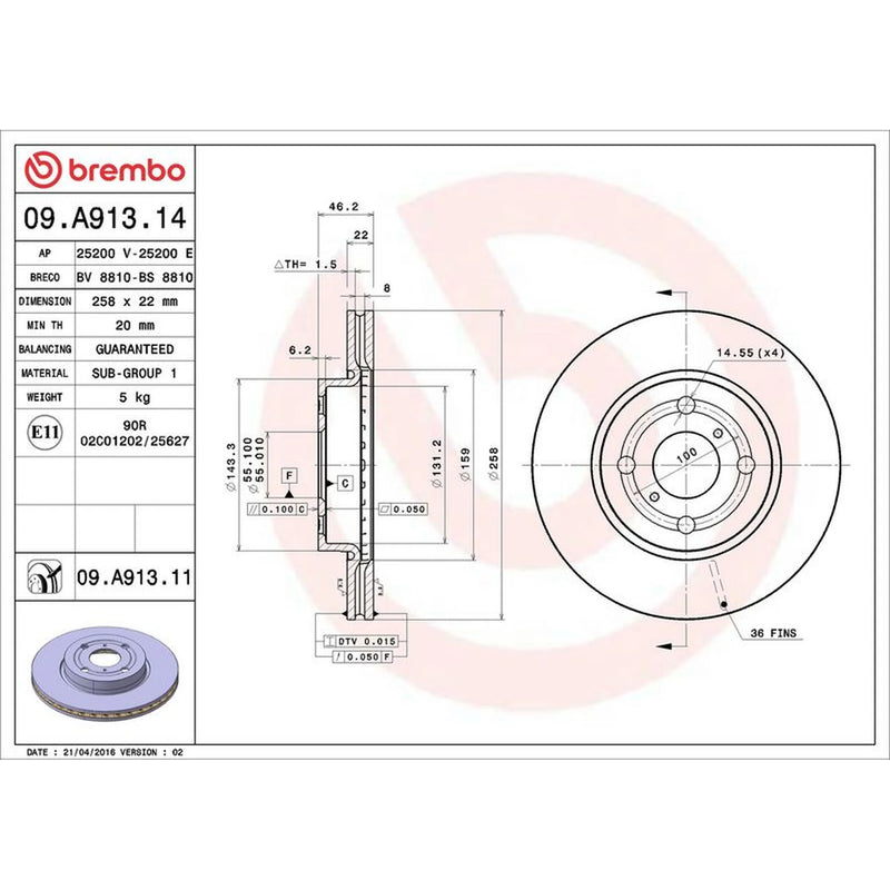 Brembo 2 x Internally Vented Front Brake Discs 09.A913.11-x2