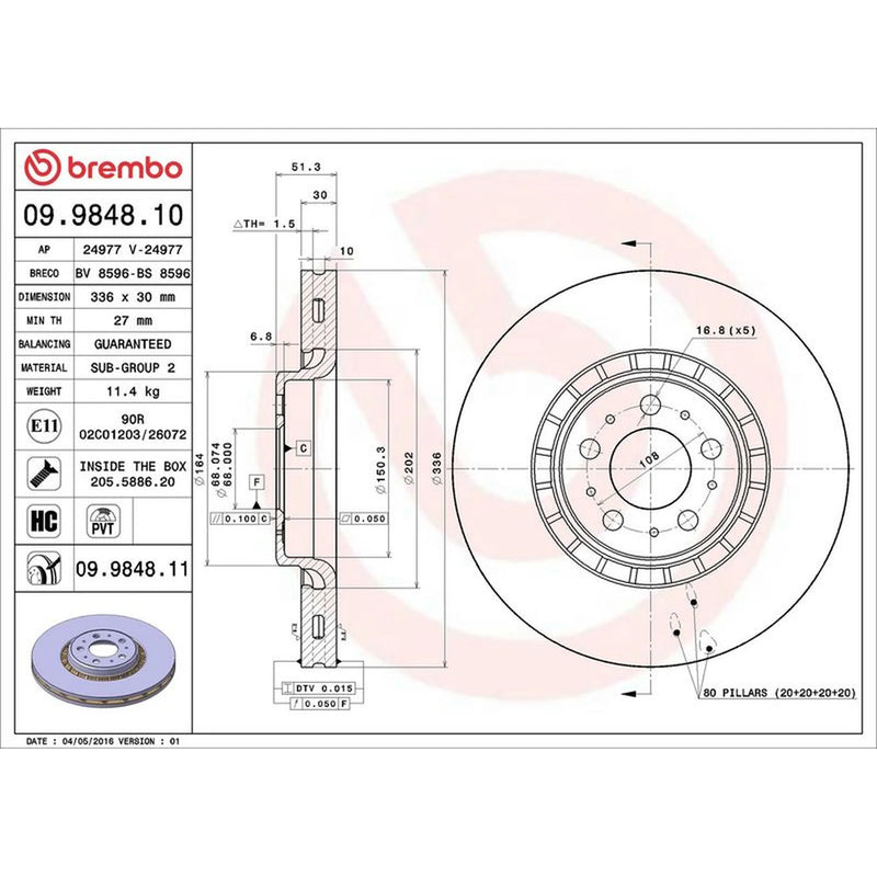 Brembo 2 x Internally Vented Brake Discs fits Volvo XC90 I 2002-2014 2.5 3.2